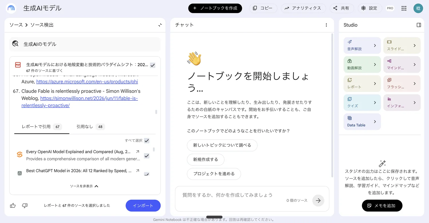 Deep Researchの結果画面。生成されたレポートと、レポートで引用67件・引用なし48件のタブ、各ソースのチェックボックス、インポートボタンが表示されている