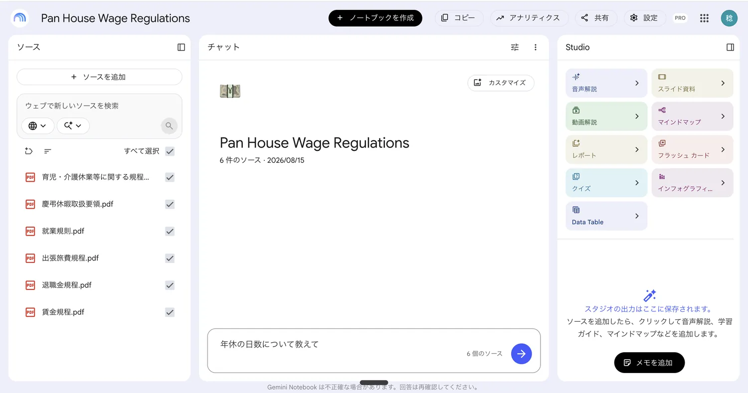 NotebookLMの画面。左にソース一覧、中央にチャット、右のStudioパネルに9つの機能が並んでいる