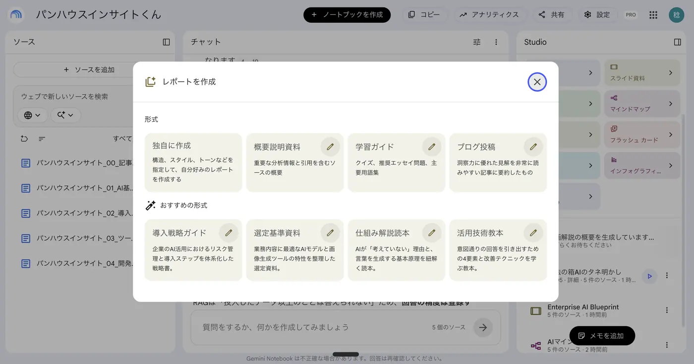 レポート作成の画面。独自に作成・概要説明資料・学習ガイド・ブログ投稿の4形式と、おすすめの形式として導入戦略ガイド・選定基準資料・仕組み解説読本・活用技術教本が並んでいる