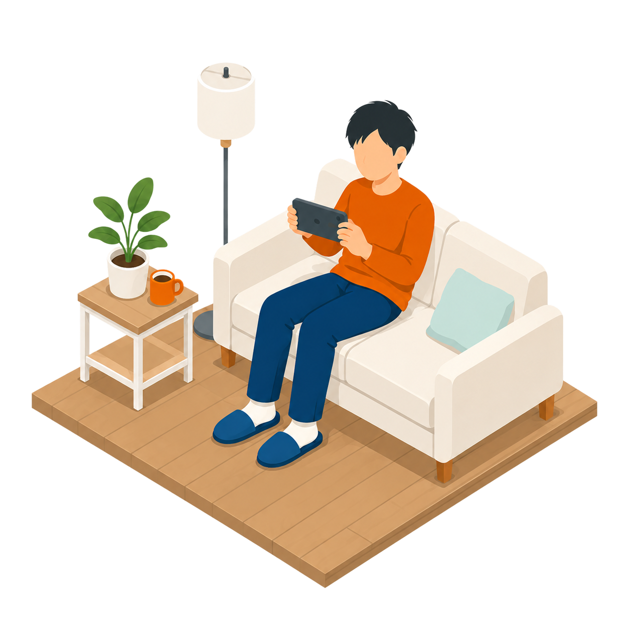自宅でタブレットを使ってeラーニングを受講する様子